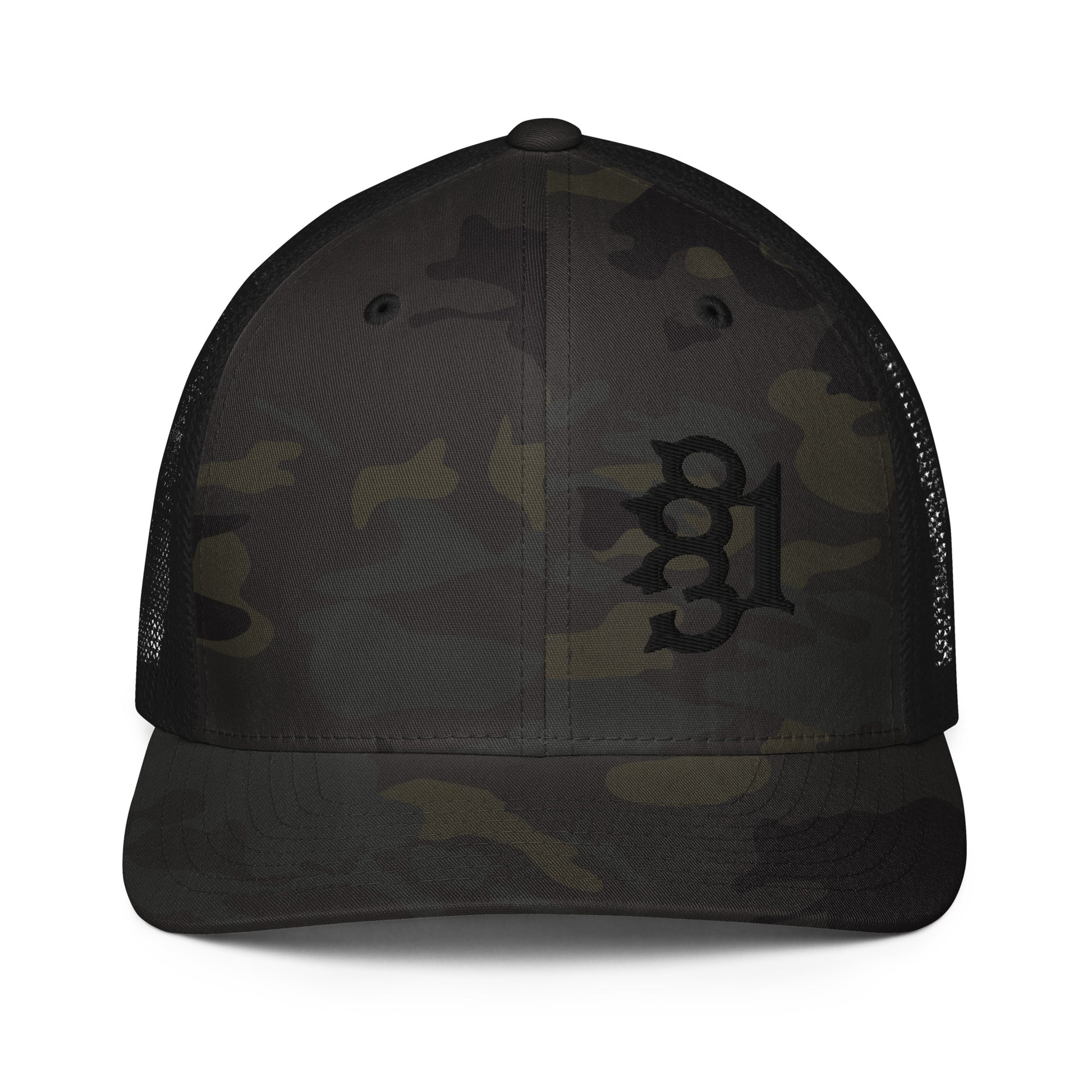 831 KNUCKLES FLEXFIT BLACK CAMO HAT FRONT